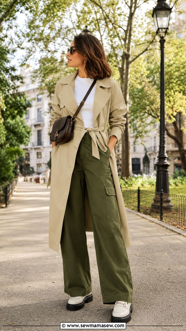 Trench coat with wide leg cargo pants - 25 Wide leg pants outfit ideas with a trench coat