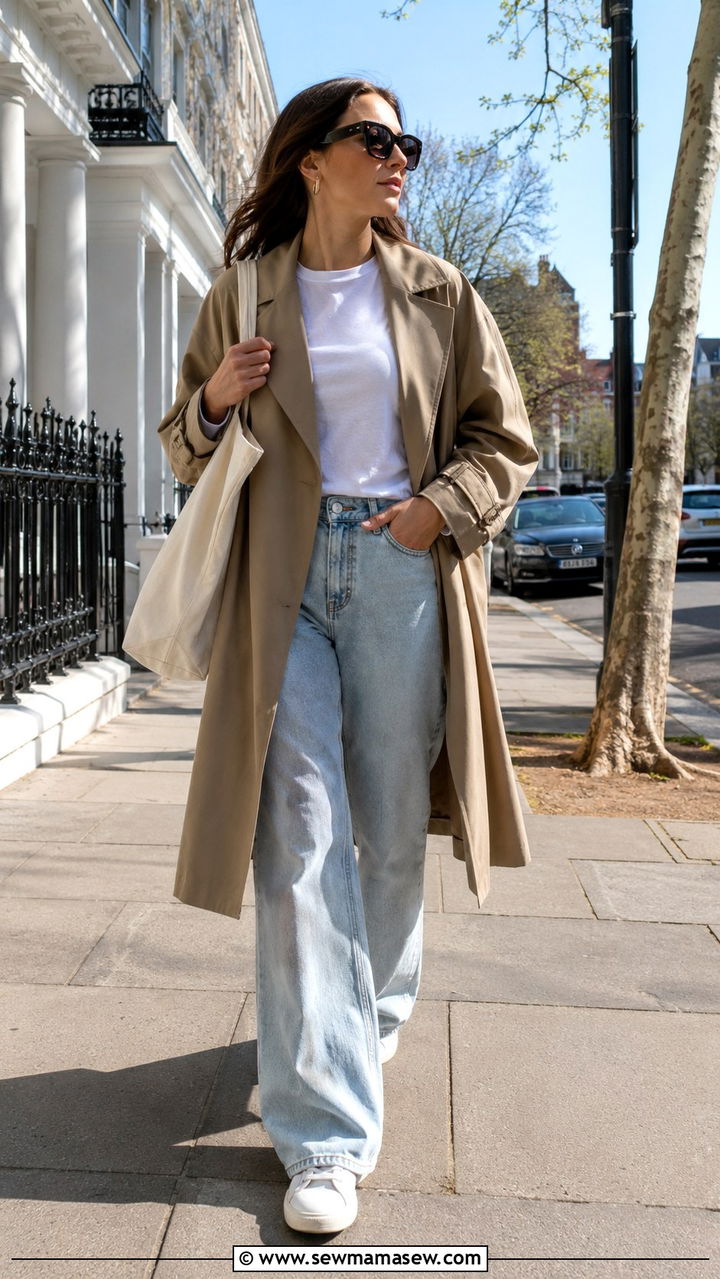 Trench coat with wide leg jeans and sneakers - 25 Wide leg pants outfit ideas with a trench coat