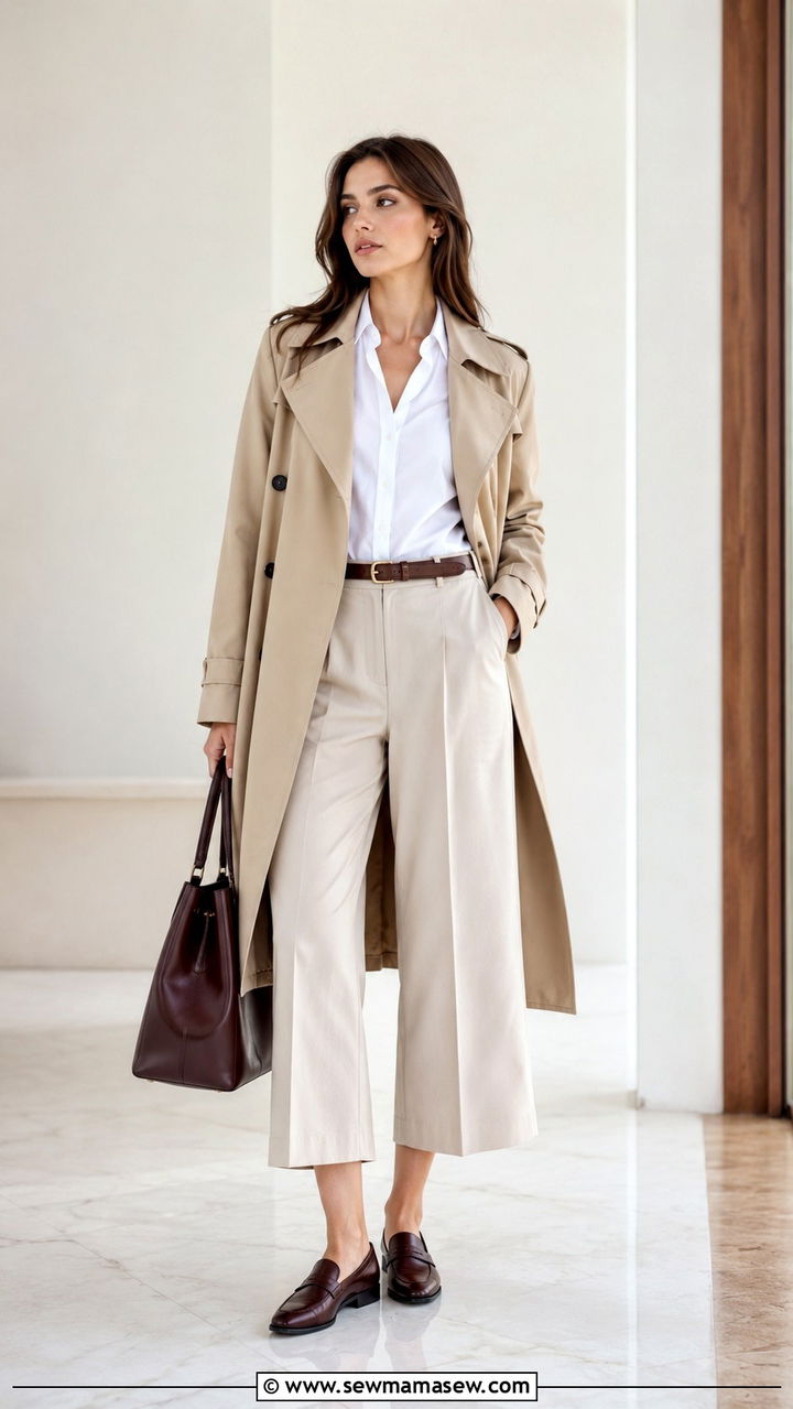 Trench coat with wide leg pants and loafers - 25 Wide leg pants outfit ideas with a trench coat