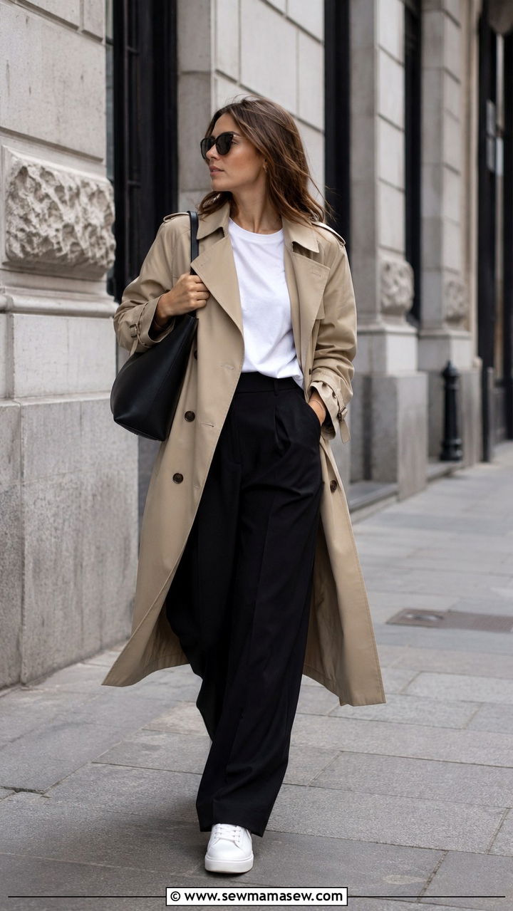 Trench coat with wide leg pants and sneakers outfit - 25 Wide leg pants outfit ideas with sneakers