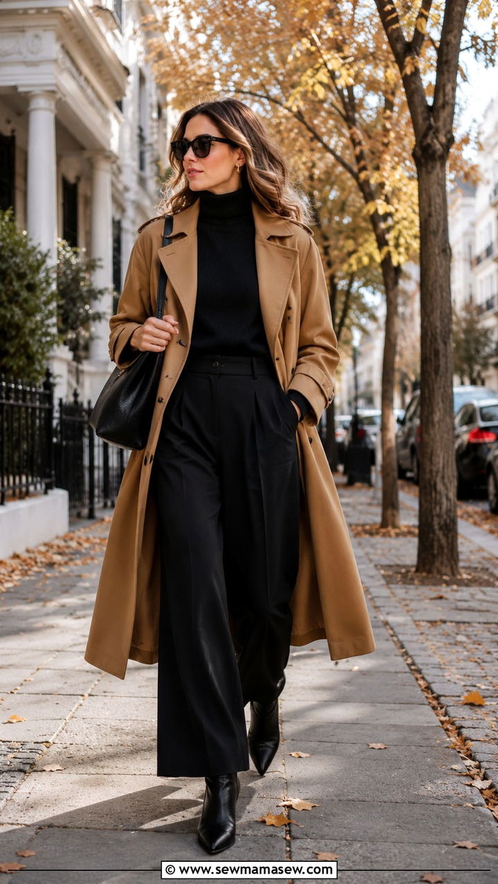 Trench coat with wide leg trousers and ankle boots - 25 Wide leg pants outfit ideas with a trench coat