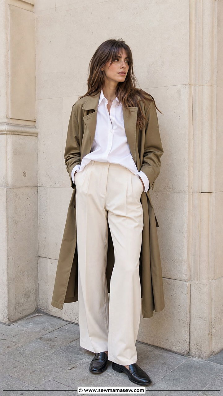 Trench coat with wide leg trousers and loafers - 25 French girl outfit ideas with a trench coat