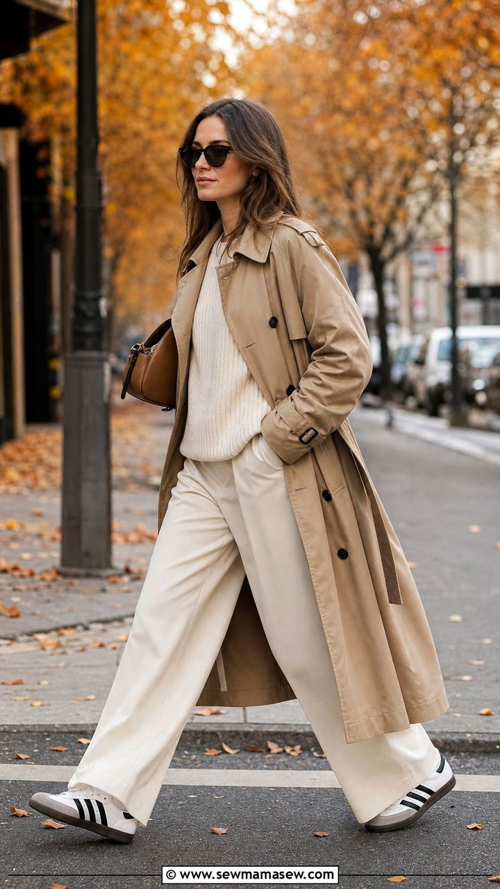 Trench coat with wide leg trousers and retro sneakers - 25 sneaker outfits aesthetic