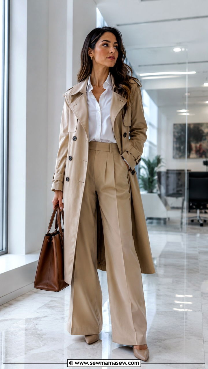 Trench coat with wide leg trousers office outfit - 25 Wide leg pants outfit ideas with a trench coat