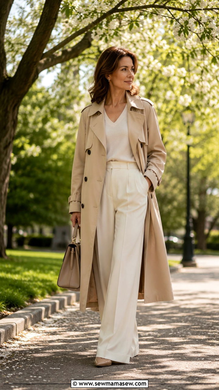 Trench coat with wide leg trousers outfit - 25 Quiet luxury outfit ideas for women over 40