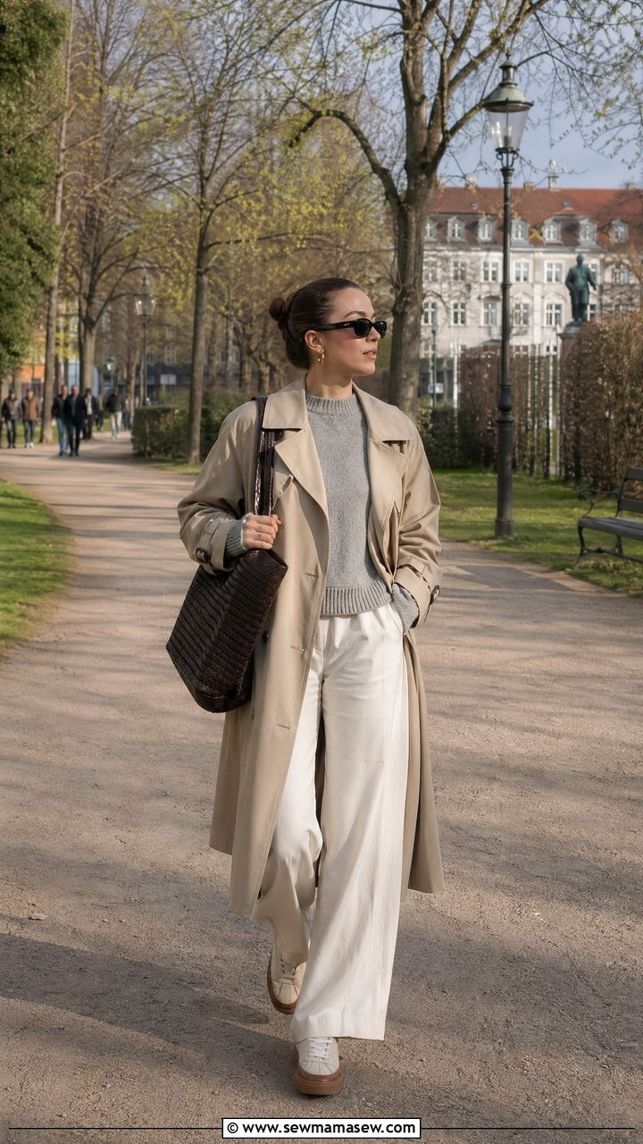 Trench coat with wide leg trousers outfit - 35 Copenhagen outfits