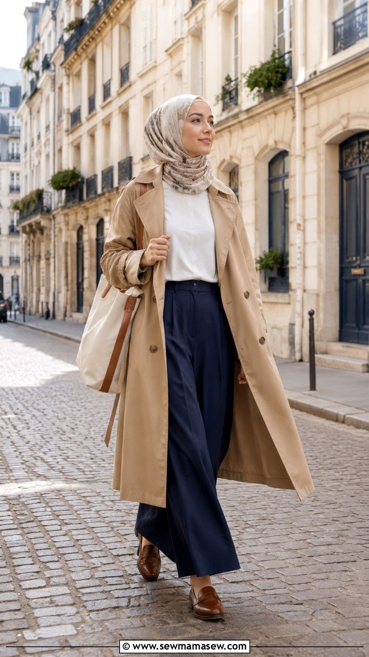 Trench coat with wide trousers and loafers - 25 Vacation outfit ideas Muslim women