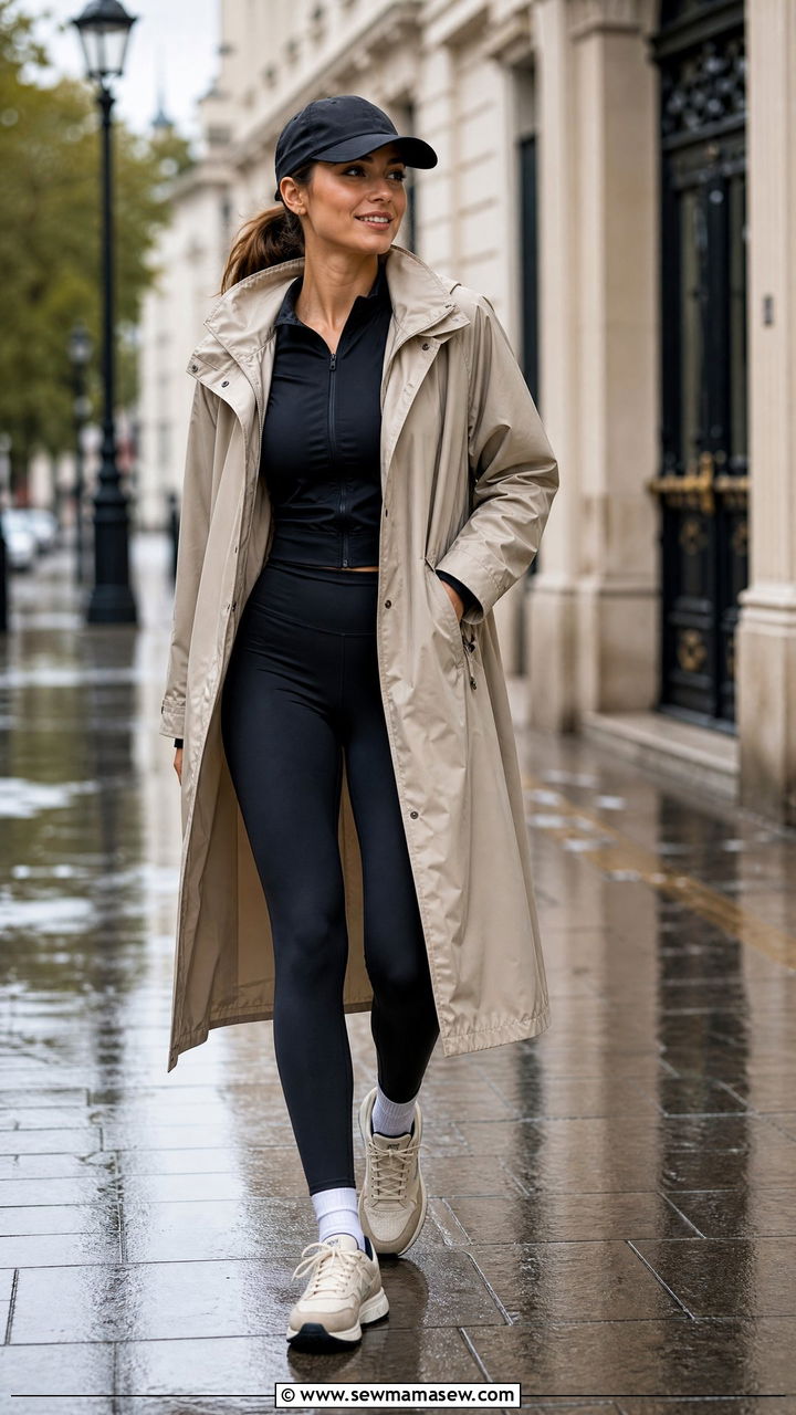 TrenchInspired Rain Coat With Leggings and a Ball Cap - 25 Running outfit ideas rainy weather
