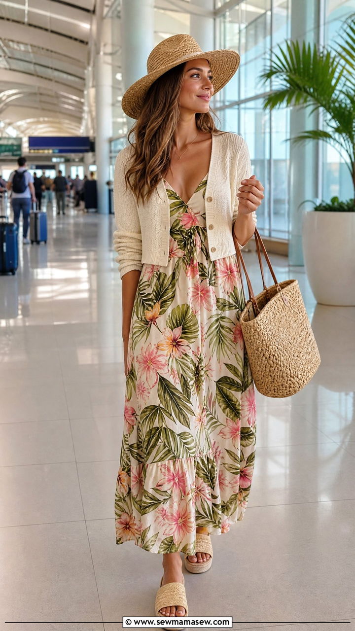 Tropical Maxi Dress and Straw Tote - 30 Cute airport outfits