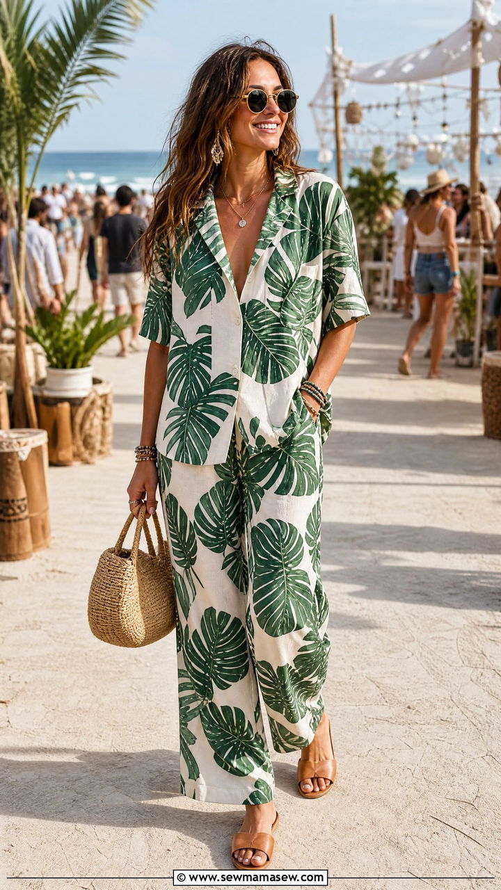 Tropical Monstera Print Relaxed Shirt Coord - 30 Coord set outfit ideas for festival