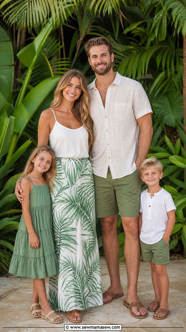 Tropical Print Accents with Neutral Base Family Photo Outfits - 30 summer family photoshoot outfit ideas