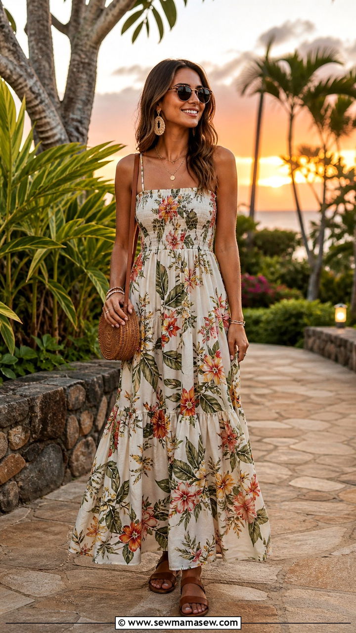 Tropical Print Bodycon Dress with Strappy Heeled Sandals - 40 Jamaica vacation outfit ideas