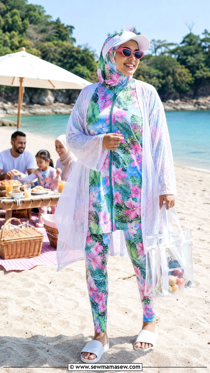 Tropical Print Burkini With Visor and Slides - 20 Burkini outfit ideas