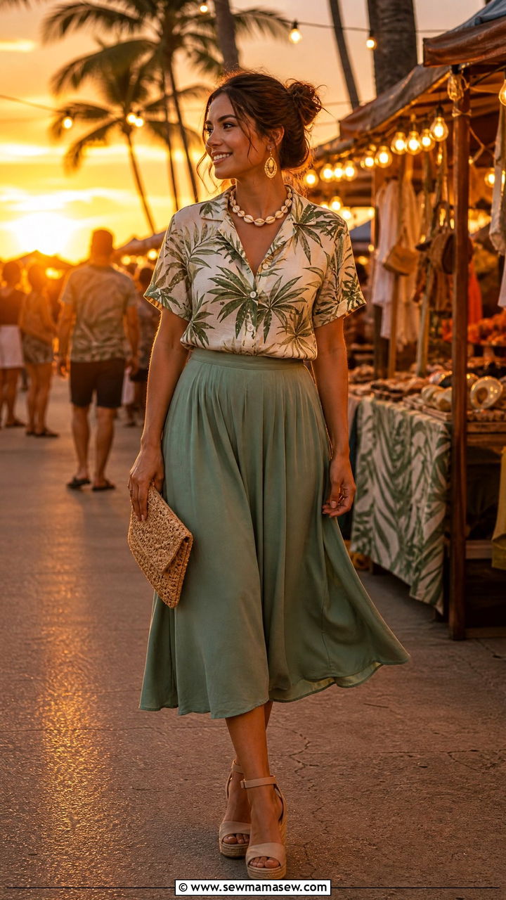 Tropical Print Button Up with Midi Skirt - 35 Hawaii vacation outfits