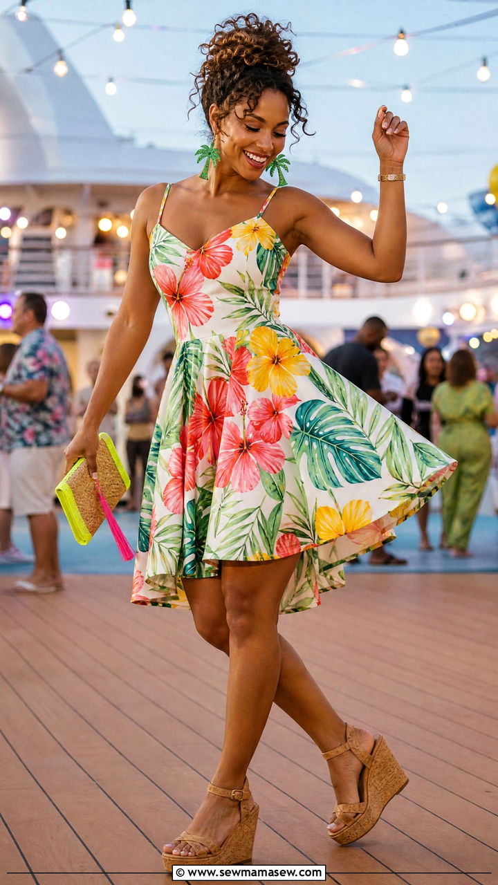 Tropical Print Dress and Wedge Sandals - 25 Caribbean cruise outfit ideas