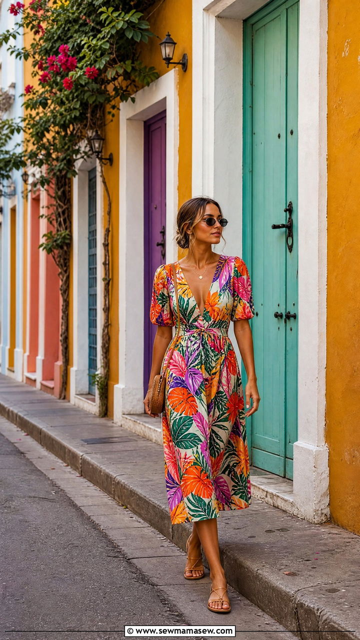 Tropical Print Dress with Sandals - 25 Cartagena outfit ideas