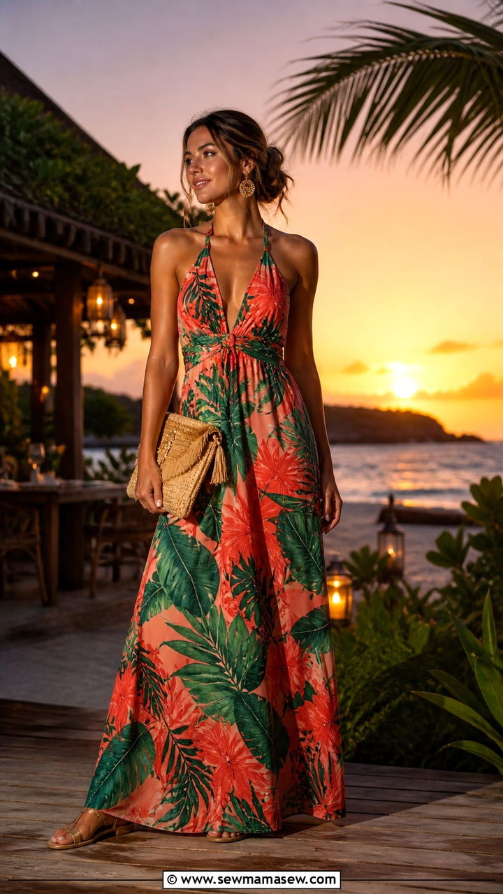 Tropical Print Halter Maxi Dress - 40 summer outfits 2026