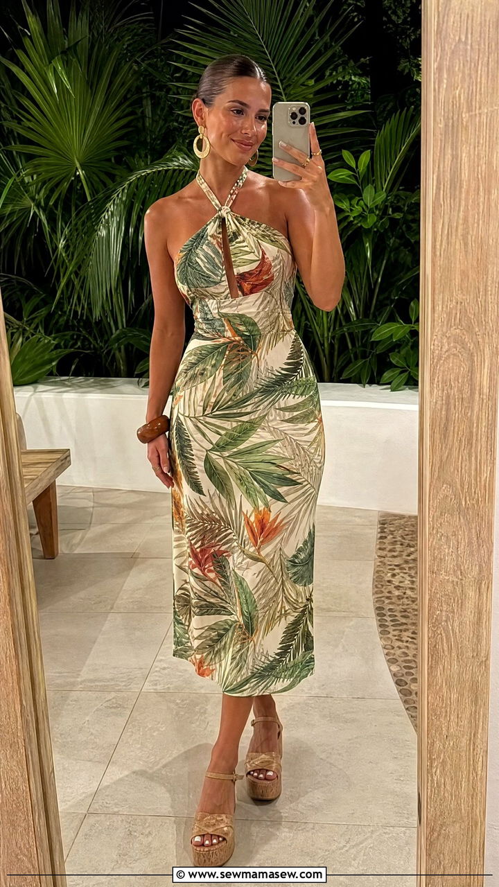 Tropical Print Halter Midi Dress With Platform Sandals - 40 What to wear in Bora Bora