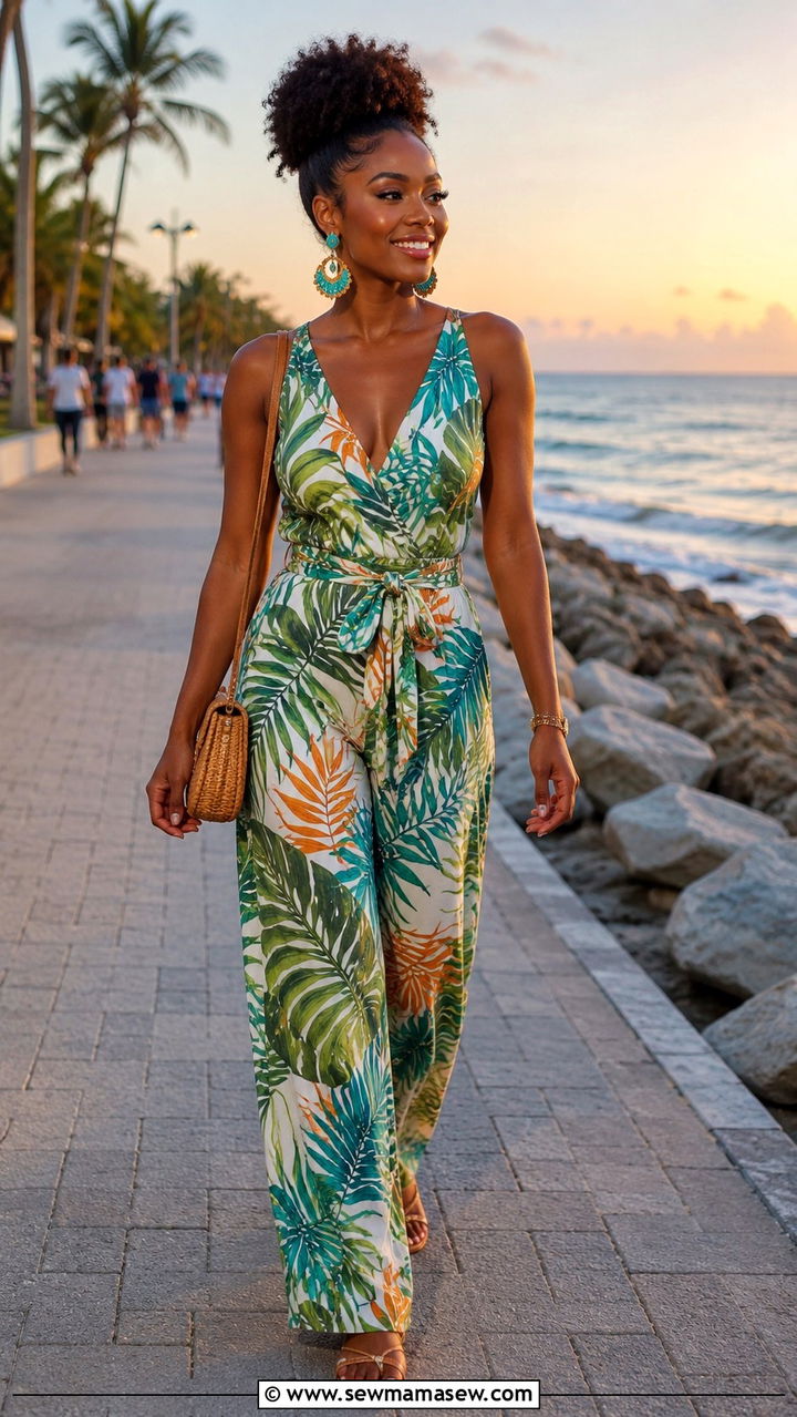 Tropical Print Jumpsuit with Statement Earrings and Flat Sandals - 30 chic beach vacation outfits for women