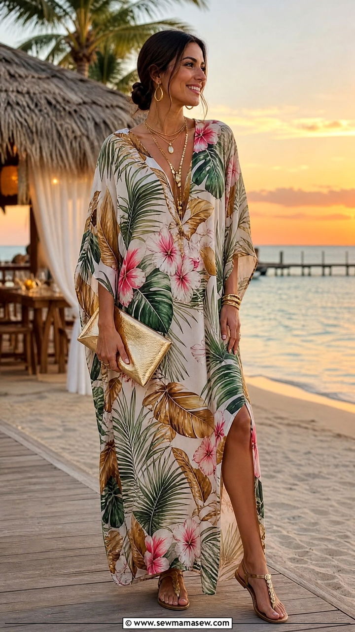Tropical Print Kaftan With Gold Flat Sandals - 30 summer tropical vacation outfit ideas