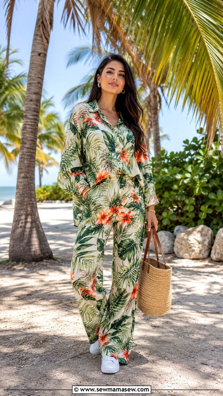Tropical Print Matching Set - 25 Modest outfit ideas for beach