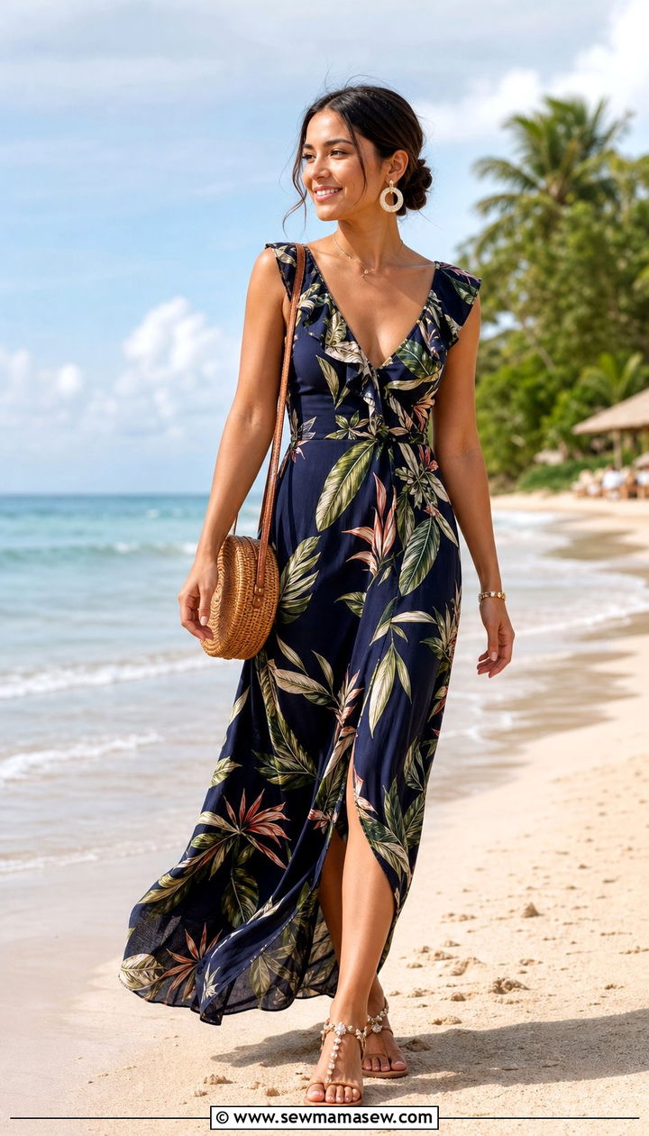 Tropical Print Maxi Dress And Flat Sandals For Beach Wedding - 35 Beach wedding guest outfits