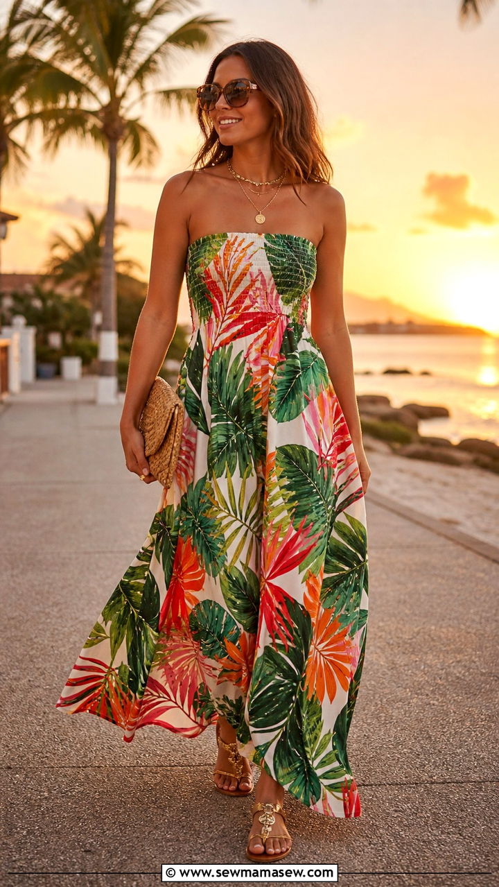 Tropical Print Maxi Dress With Gold Sandals - 40 What to wear in Turks and Caicos