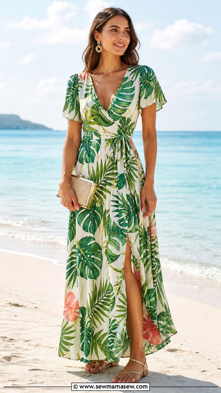 Tropical Print Maxi Dress With Gold Sandals - 40 Destination wedding guest outfits