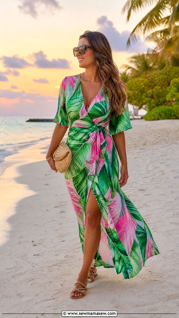 Tropical Print Maxi Dress With Straw Clutch - 35 Maldives vacation outfit ideas