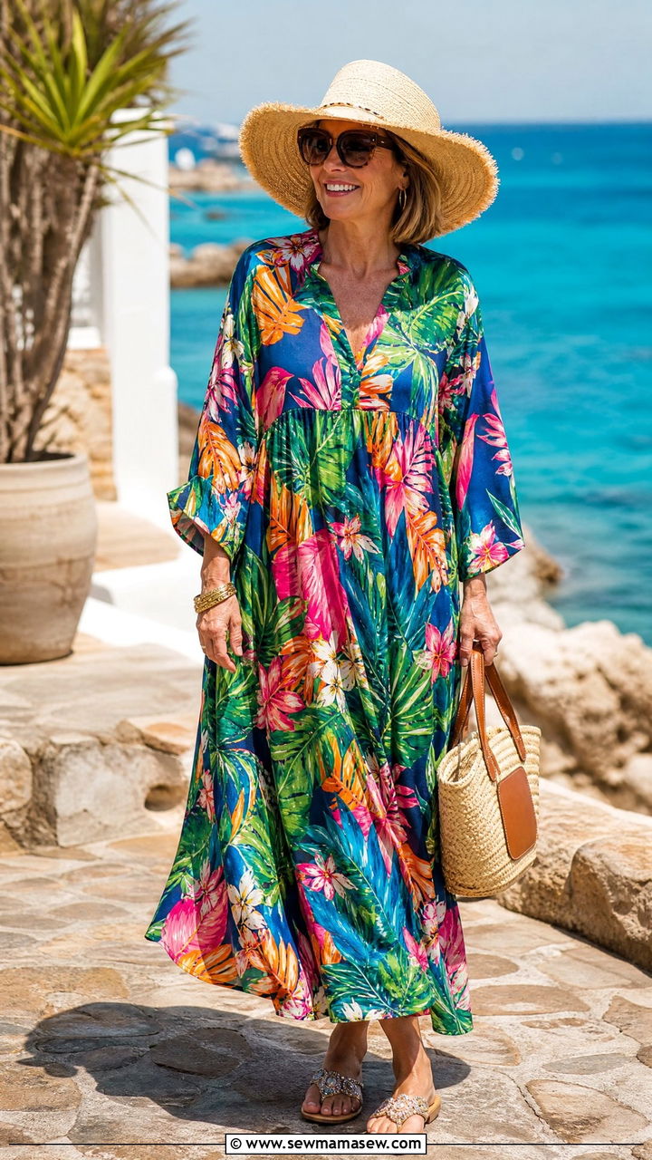 Tropical Print Maxi Dress with Oversized Sunglasses and Flip Flops - 30 Maxi dress for women over 50 outfit ideas