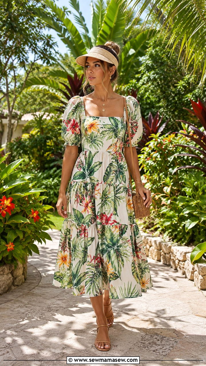 Tropical Print Midi Dress Resort Vacation Outfit - 25 seasonal resort vacation outfit ideas