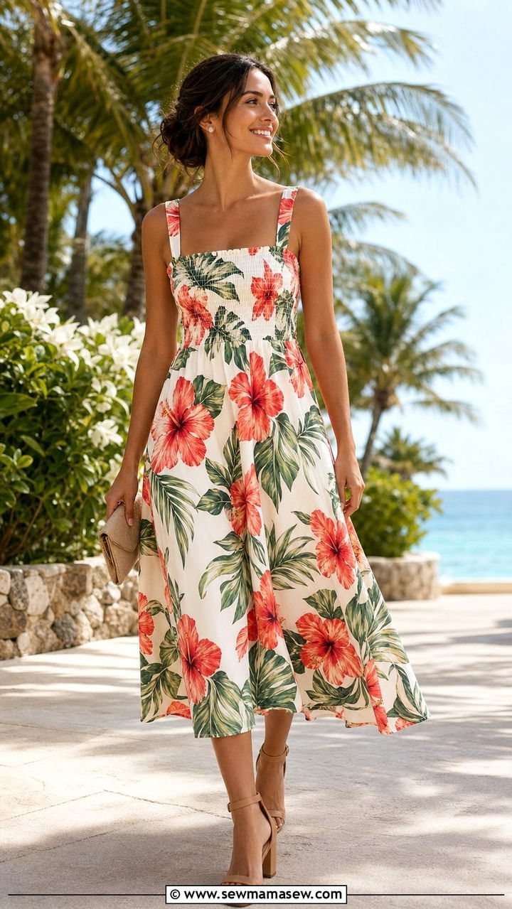 Tropical Print Midi Dress With Block Heel Sandals - 35 Beach wedding guest outfit ideas