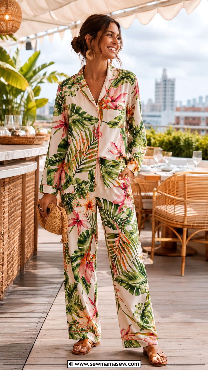 Tropical Print Pajama Set For Spring Brunch - 30 Spring pajama outfit ideas
