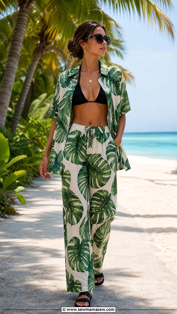 Tropical Print Shirt And Wide Leg Trousers Set - 30 Coord set outfit ideas for beach