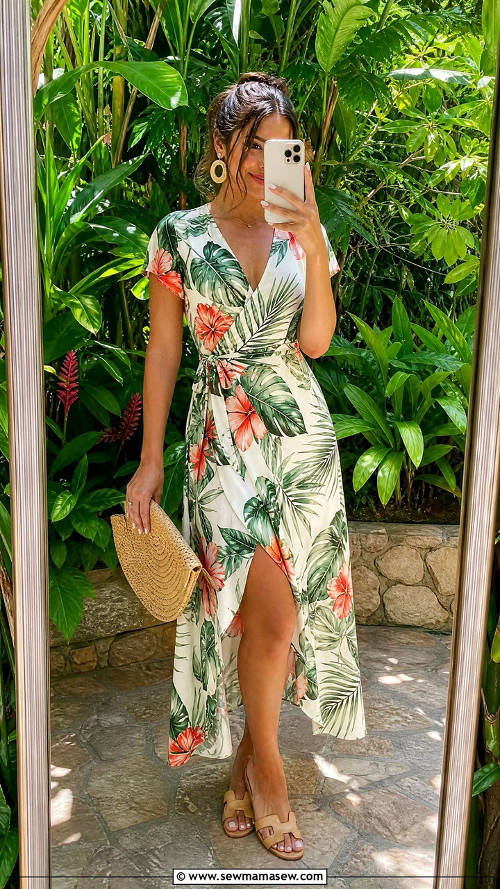 Tropical Print Wrap Dress Look - 30 cute vacation outfits