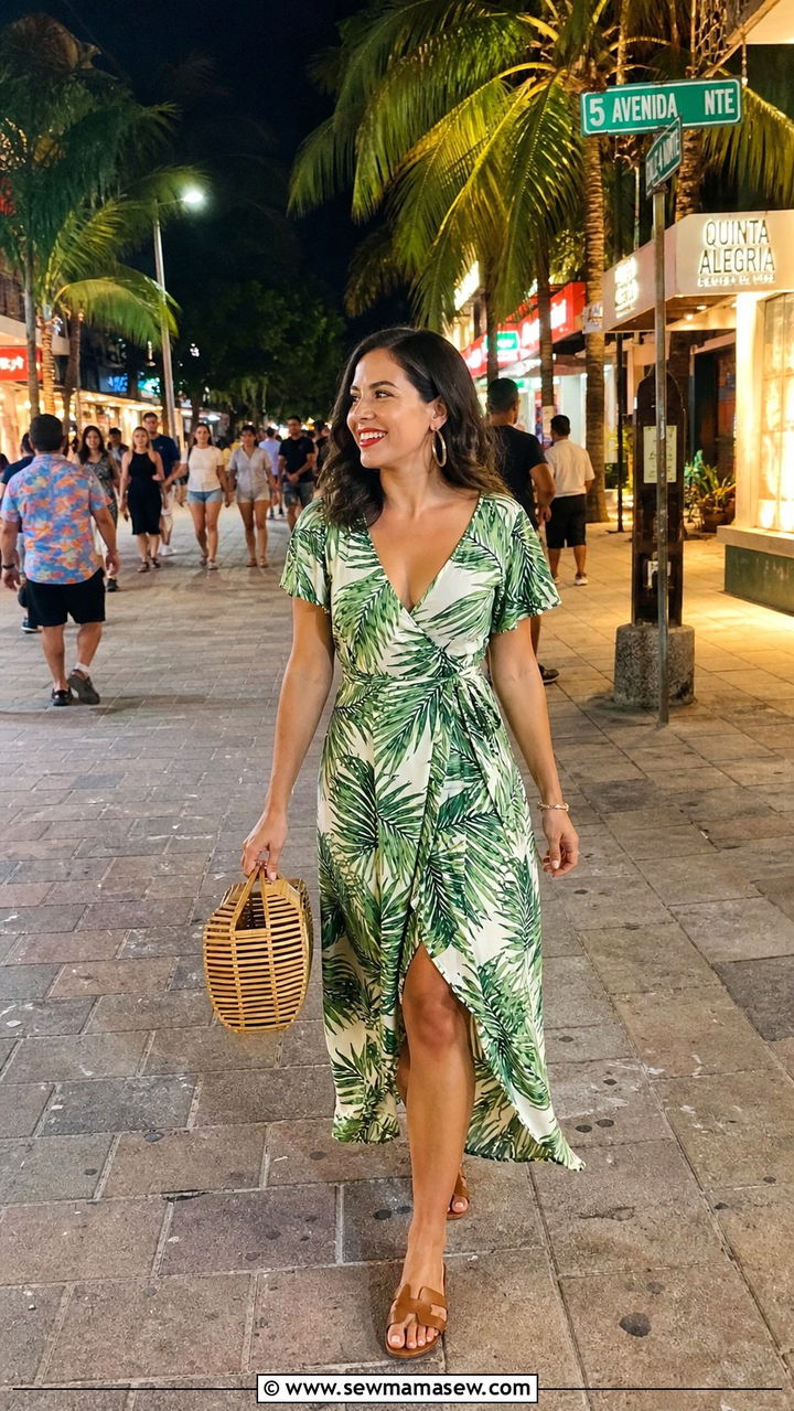 Tropical Print Wrap Dress With Bamboo Handle Bag And Flat Sandals - 40 What to wear in Playa del Carmen
