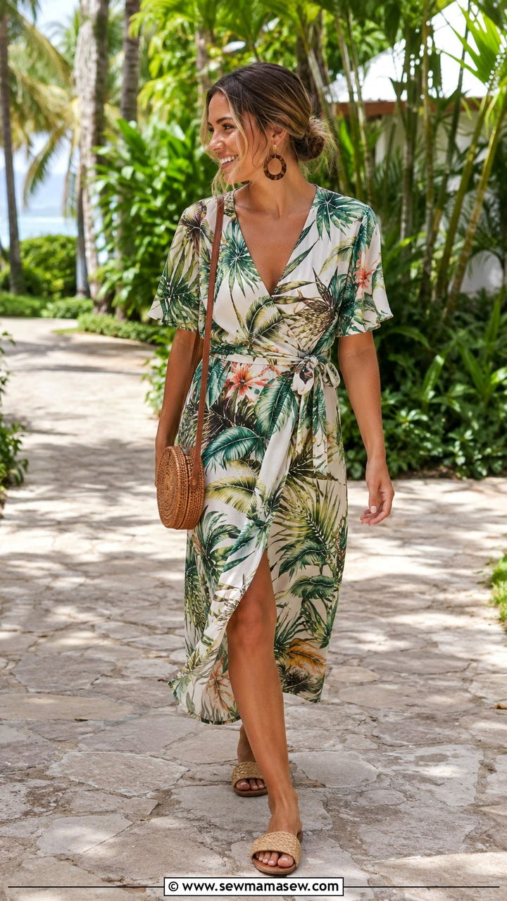Tropical Print Wrap Dress With Flat Sandals - 30 Resort wear outfit ideas Turks and Caicos