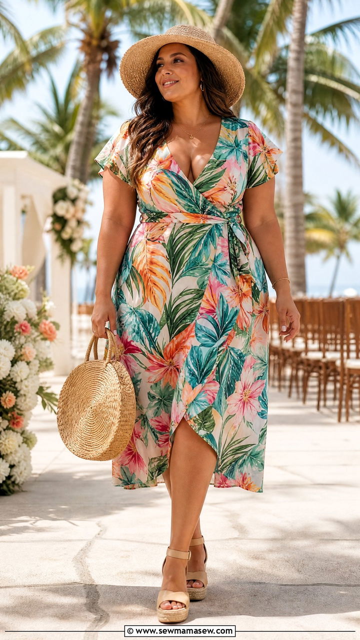 Tropical Print Wrap Dress with Straw Accessories Outfit - 30 Summer outfits for curvy women