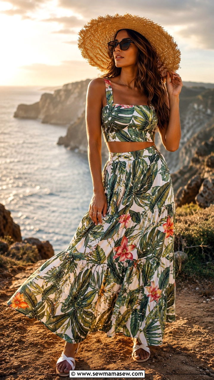 Tropical Two Piece Maxi Skirt Set With Wide Brim Hat Hawaii Photo Outfit - 30 Hawaii packing list outfits