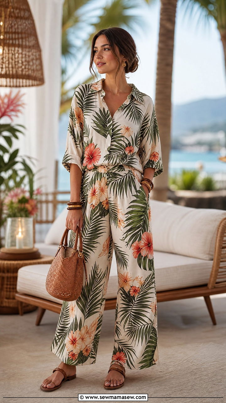 Tropical print matching set resort outfit - 30 modest resort vacation outfit ideas