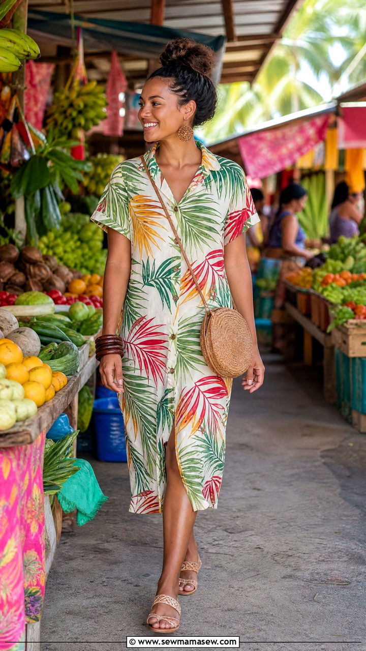 Tropical print shirt dress outfit for Fiji market exploring - 40 What to wear in Fiji