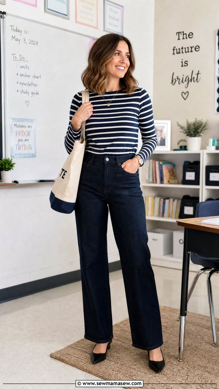 Trouser cut jeans with striped top - 30 Music teacher outfit ideas
