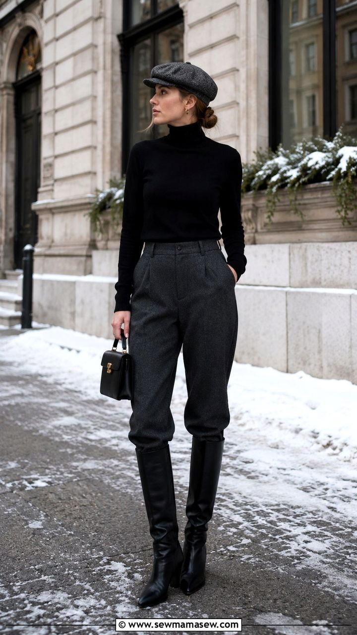 Trousers Tucked Into Knee High Boots With Baker Boy Cap - 30 Danish outfit ideas