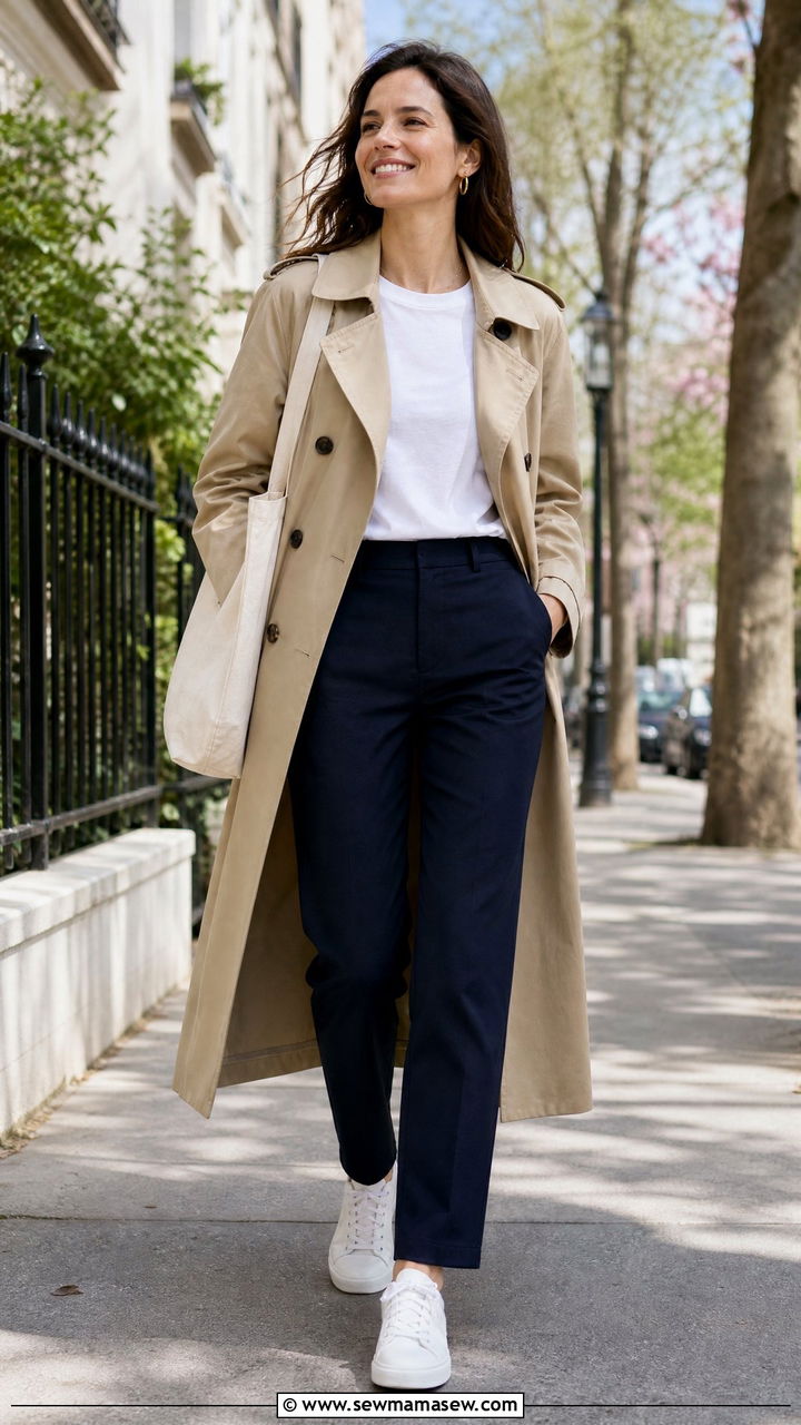 Trousers With Trench Coat And White Sneakers - 35 How to style trousers