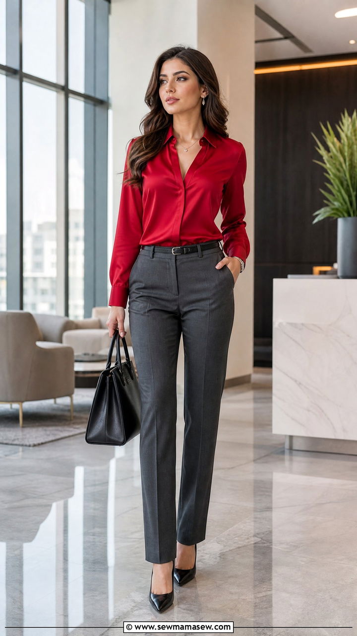 True Red Silk Blouse And Charcoal Gray Trousers - 30 Cool tone outfit ideas