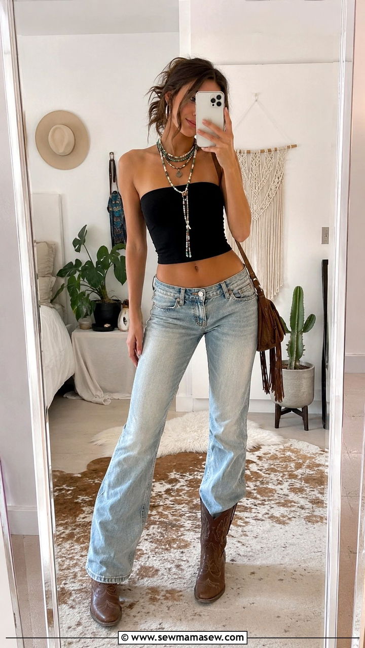 Tube Top And Low Rise Jeans With Cowboy Boots - 30 How to style cowboy boots in summer