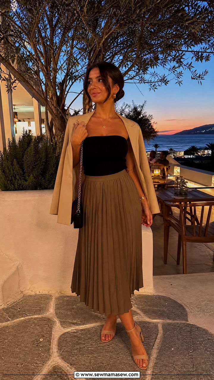 Tube Top and Pleated Midi Skirt Outfit - 30 Summer outfits with pleated skirts