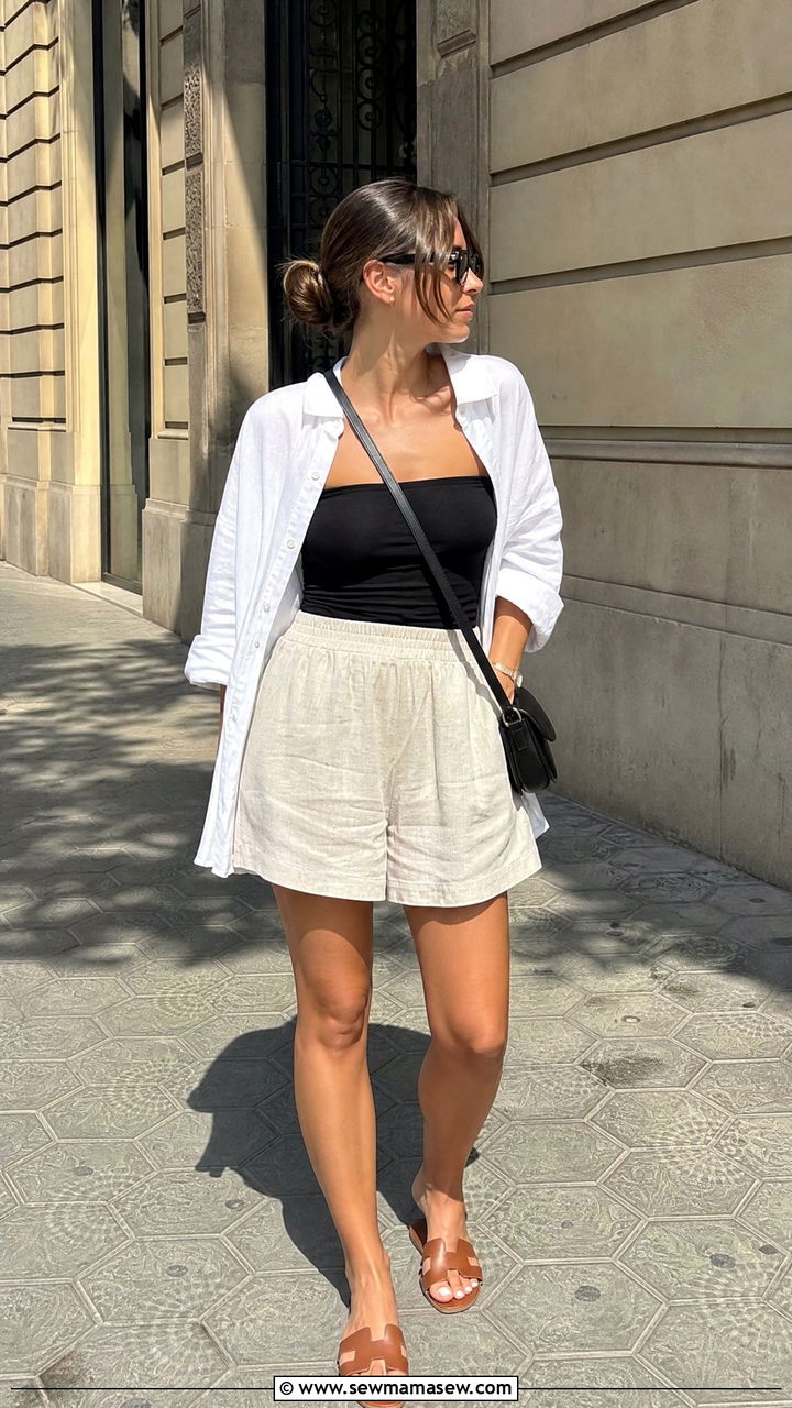 Tube Top with Oversized Shirt and Wide Shorts - 35 hot weather outfits 2026