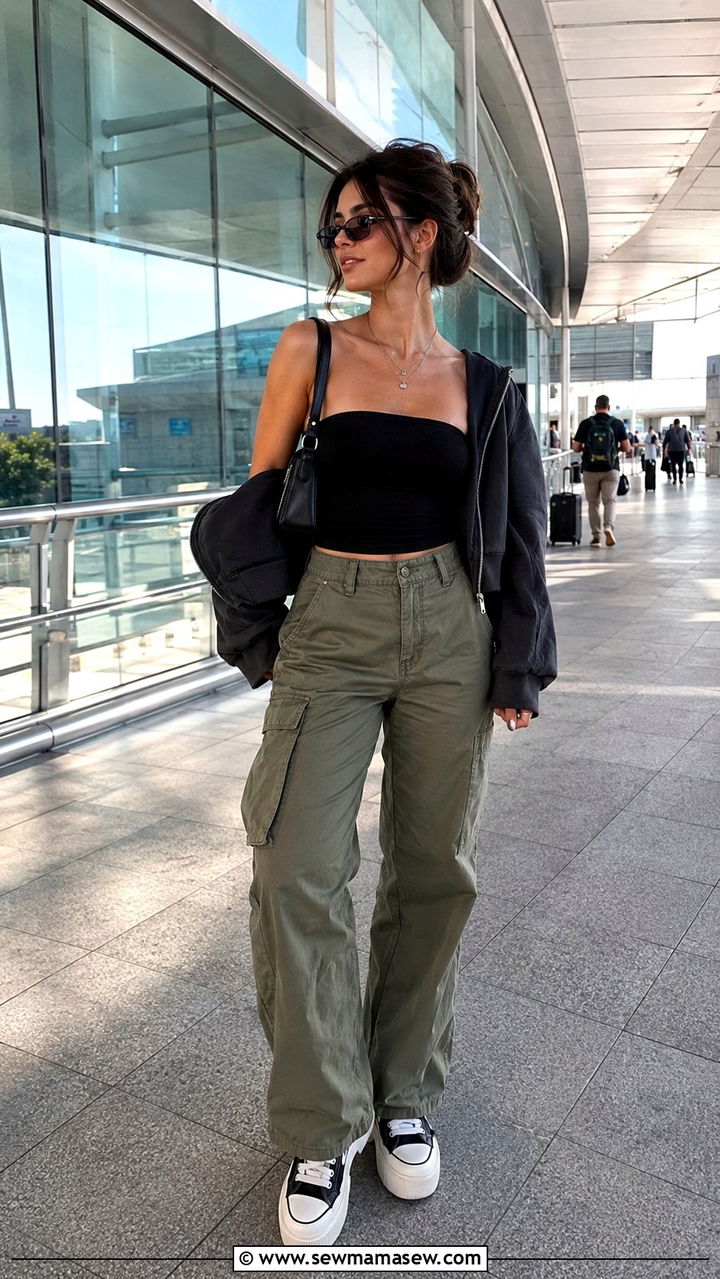 Tube top and cargo pants - 25 Airport outfit ideas for beach vacation