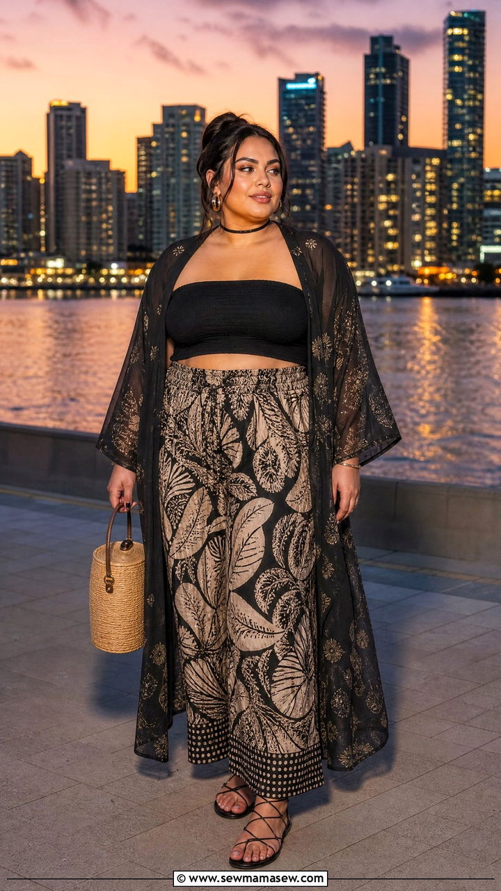 Tube top and palazzo pants with a sheer kimono - 30 Summer outfits for midsize women
